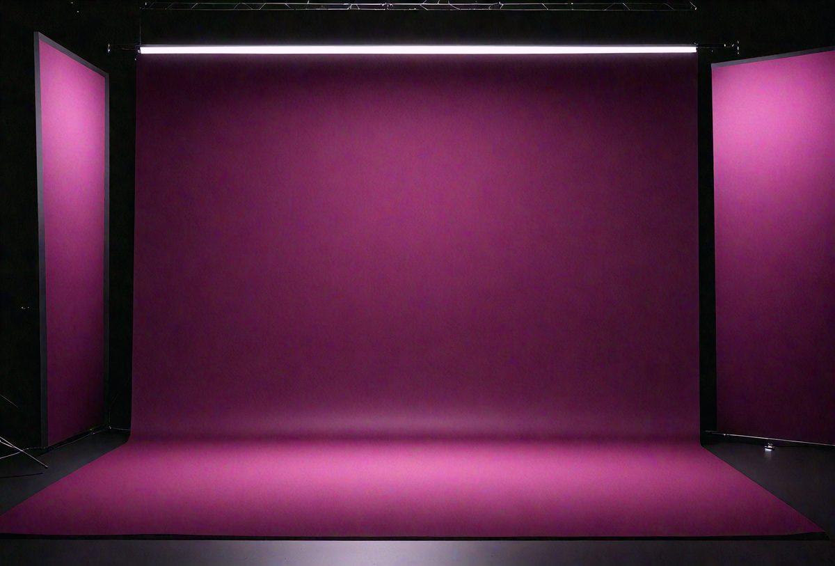 The primary subject of the image is a purple curtain. The setting is a dark room with a purple background. The visual style is a close-up of the curtain, and the colors and mood are predominantly purple, creating a moody and dramatic atmosphere.
