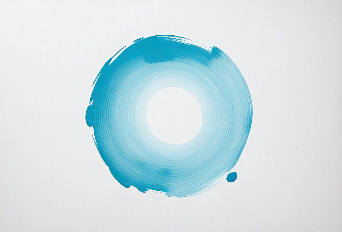 The primary subject of the image is a blue circle, which is the main object, scene, or focus of the image. The circle is set against a white background, creating a contrast between the two colors. The visual style of the image is a combination of a photo and a digital art, illustration, or drawing. The overall atmosphere of the image is calm and serene, with the blue circle representing a sense of tranquility or harmony.