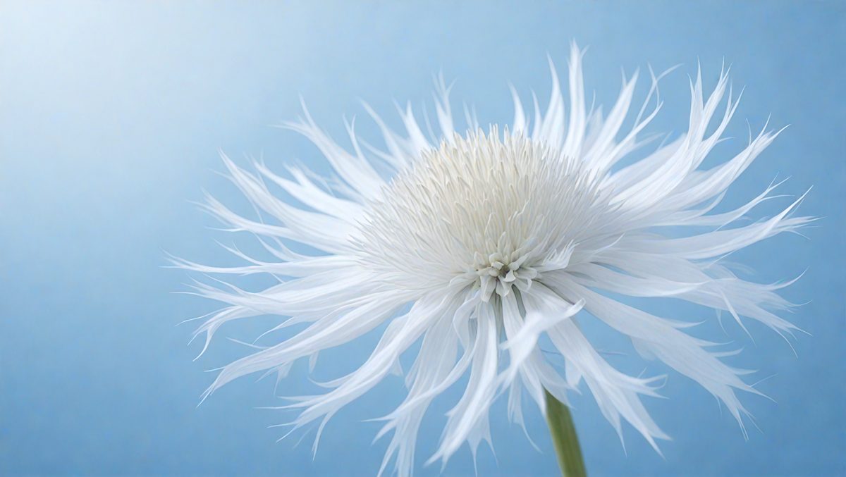 The primary subject of the image is a white flower with a blue background. The flower is the focal point of the image, and it appears to be a close-up of the flower's petals. The visual style of the image is a photo, and the dominant colors are white and blue. The overall atmosphere of the image is serene and peaceful, as the flower is the main subject and stands out against the blue background.