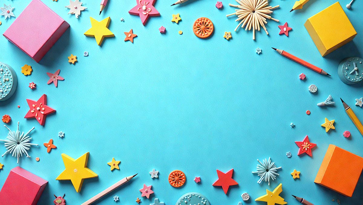 The primary subject of the image is a blue background with various colorful stars, shapes, and other decorative elements. The setting is a blue surface, and the visual style appears to be a combination of digital art and illustration. The colors and mood of the image are vibrant and lively, with a focus on creativity and playfulness.