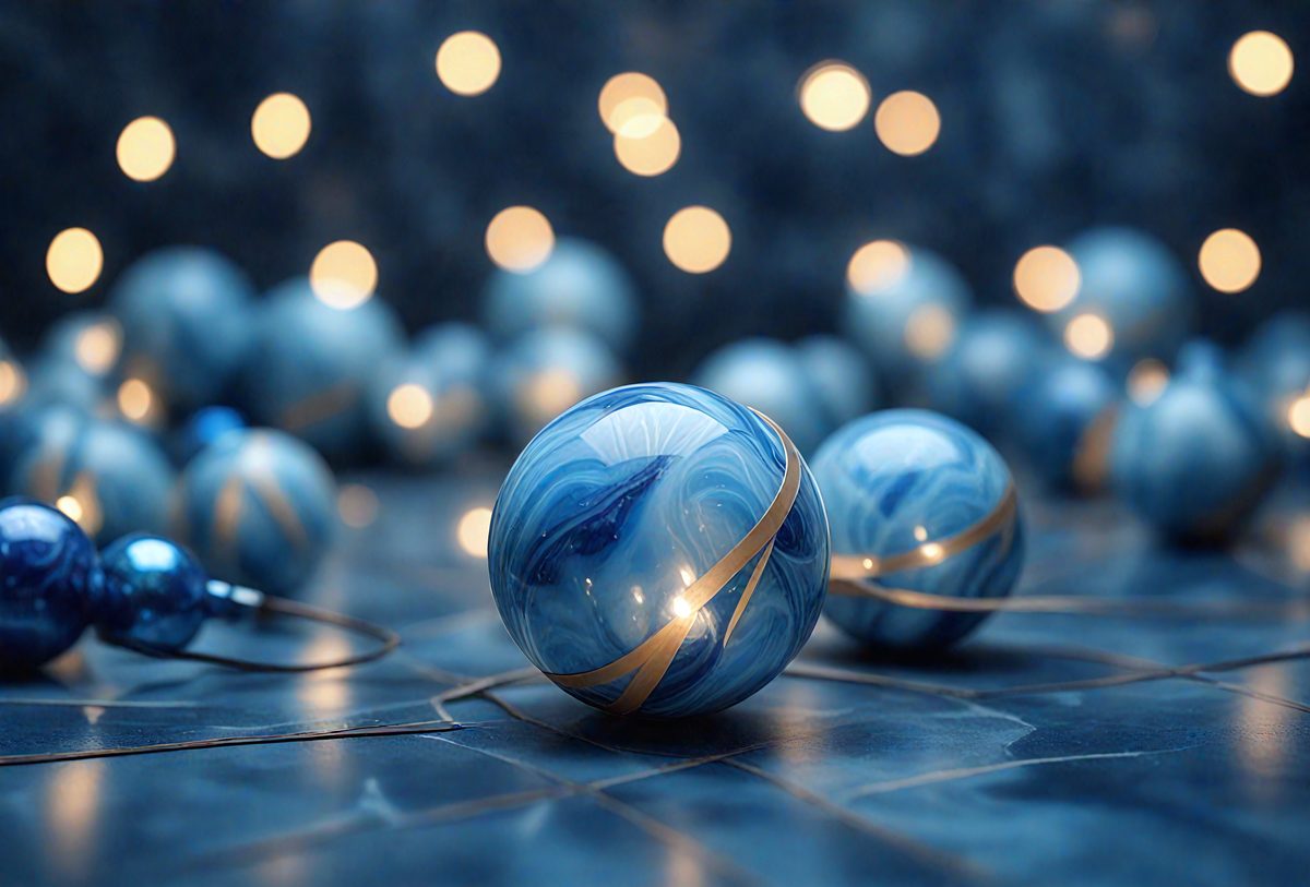 The primary subject of the image is a group of blue glass balls. They are arranged on a black surface, which could be a table or a floor. The setting appears to be indoors, possibly in a room with a blue color scheme. The visual style of the image is a close-up of the blue glass balls, showcasing their unique design and texture. The overall atmosphere of the image is calm and serene, with the blue glass balls creating a sense of harmony and tranquility.