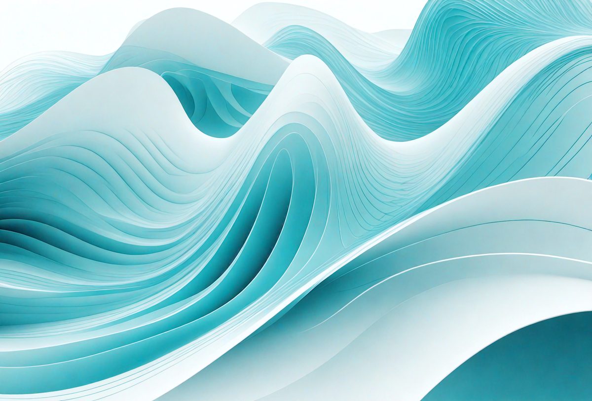The primary subject of the image is a large, white, and blue wave. The wave is the main focus of the image, and it is set against a white background. The visual style of the image is a combination of photo and digital art, creating a unique and eye-catching representation of the wave. The dominant colors in the image are white and blue, giving it a clean and calming atmosphere.