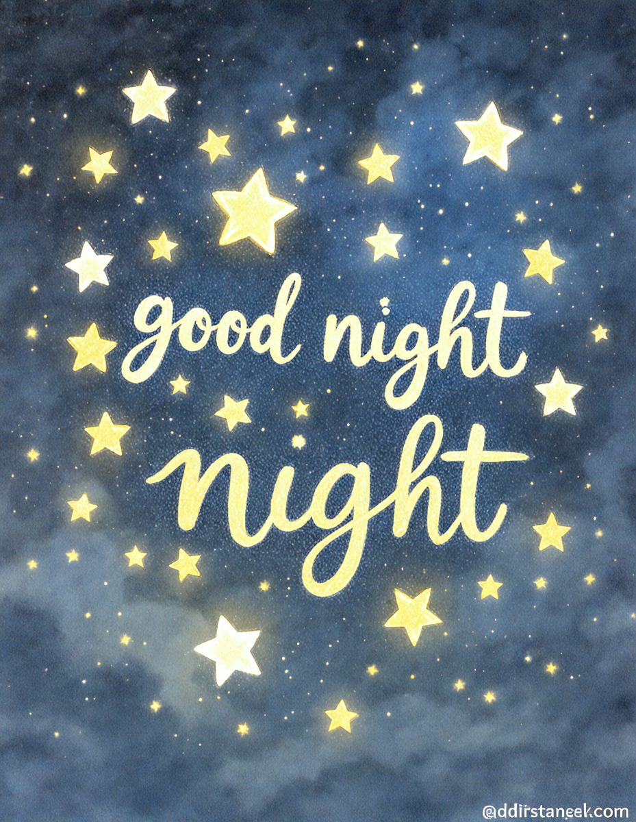 Good Night: [The main object, scene, or focus of the image is a sign that says "Good Night" with a starry background.]

Setting/background: The background features a starry night sky, which adds a sense of tranquility and calmness to the scene.

Visual style: The image is a digital artwork, which gives it a modern and visually appealing appearance.

Colors and mood: The dominant colors in the image are yellow and blue, which create a warm and so