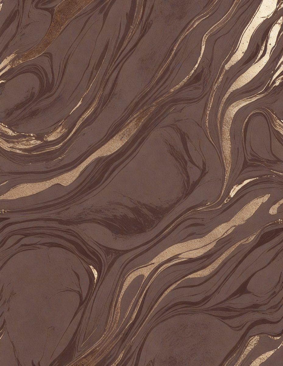 The primary subject of the image is a close-up of a brown and gold patterned wallpaper. The setting is a room with a brown and gold wallpapered wall. The visual style is a close-up of the wallpaper, showcasing its intricate design. The colors and mood of the image are warm and inviting, with the brown and gold tones creating a cozy atmosphere.