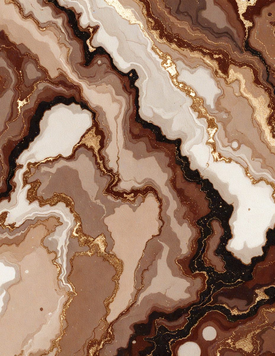 The primary subject of the image is a close-up of a marble rock with gold accents. The setting is a rocky surface, and the visual style appears to be a combination of a photo and digital art. The dominant colors are brown and gold, creating a warm and natural atmosphere.