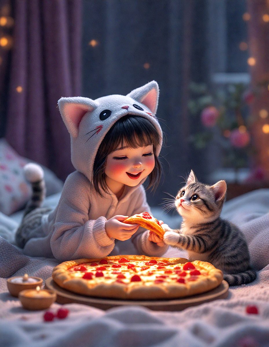 The primary subject of the image is a young girl wearing a cat hat, sitting on a bed and feeding a small kitten a slice of pizza. The setting is a cozy bedroom, and the visual style appears to be a combination of photo and digital art. The colors are warm and inviting, with the pizza being a prominent feature in the scene. The overall atmosphere is playful and heartwarming, as the girl and the kitten share a delightful moment together.