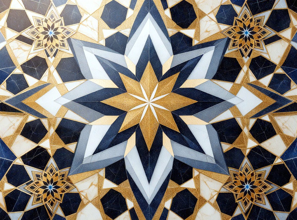 The primary subject of the image is a large, intricate, and colorful star pattern. The setting is a marble surface, which adds to the visual style of the image. The colors and mood of the image are vibrant and lively, with a mix of gold, blue, and black hues. The overall atmosphere of the image is captivating and visually appealing.