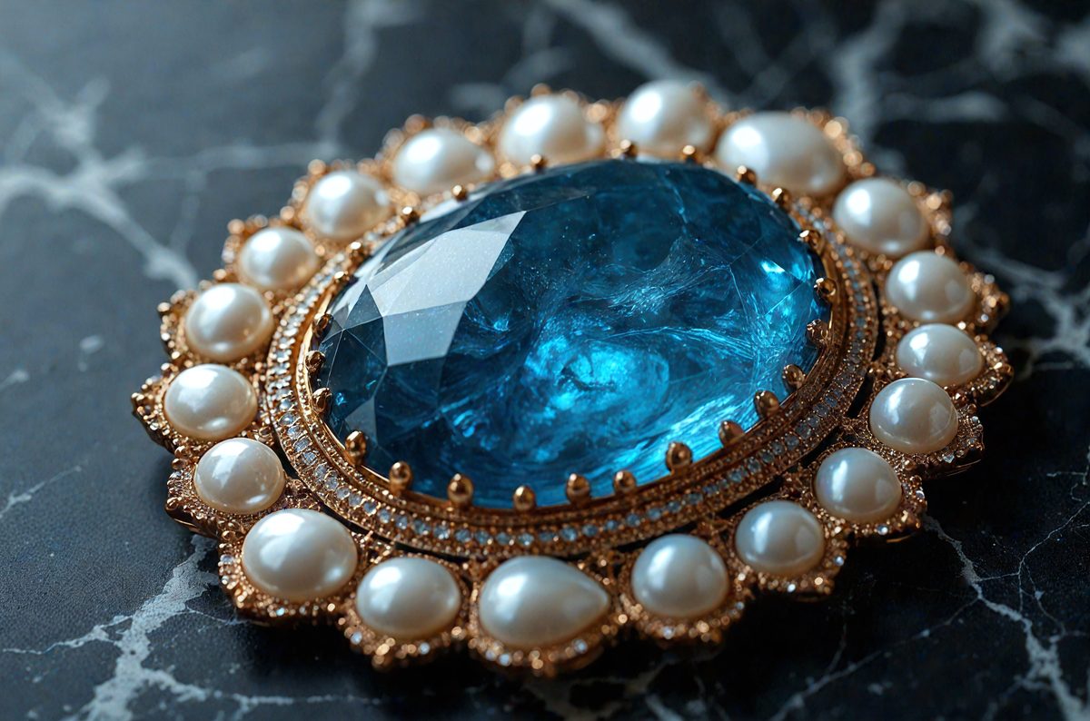 The primary subject of the image is a blue gemstone, possibly a sapphire, set in a gold and pearl necklace. The setting is a black marble surface, which provides a contrasting background for the jewelry. The visual style is a close-up of the necklace, showcasing the intricate details of the gold and pearl design. The colors and mood of the image are elegant and sophisticated, with the blue gemstone and gold accents creating a sense of lux