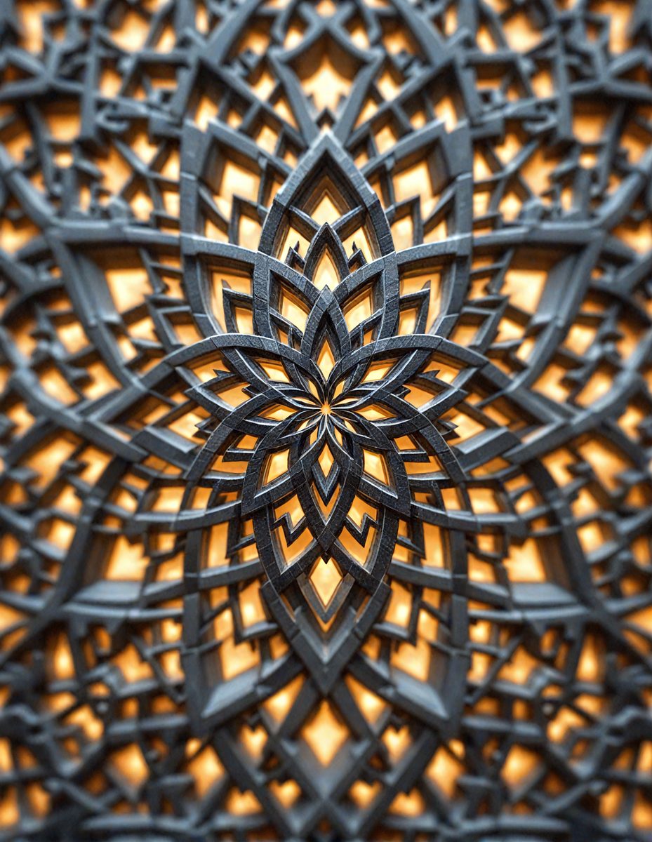 The primary subject of the image is a large, intricate, and ornate design, possibly a sculpture or a piece of art. The setting is a dark room, which highlights the design and adds a dramatic effect to the image. The visual style appears to be a combination of digital art and illustration, as the design is detailed and complex. The colors and mood of the image are predominantly dark, with the design being the main focus and drawing attention to its intricate patterns and shapes.
