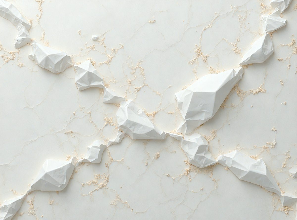 The primary subject of the image is a white marble countertop. The setting is a white marble wall, which serves as the background. The visual style is a combination of photo and digital art, creating a unique and artistic representation of the marble countertop. The colors and mood of the image are predominantly white, giving it a clean and elegant appearance.