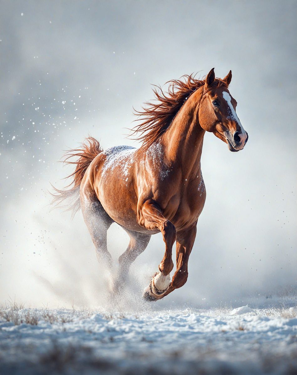 Primary subject: A brown horse with a white streak on its face, running through the snow.

Setting/background: The horse is running through a snowy field, with a sky background.

Visual style: The image is a photo of the horse in motion.

Colors and mood: The dominant colors are white, brown, and black, with a cold and snowy atmosphere.