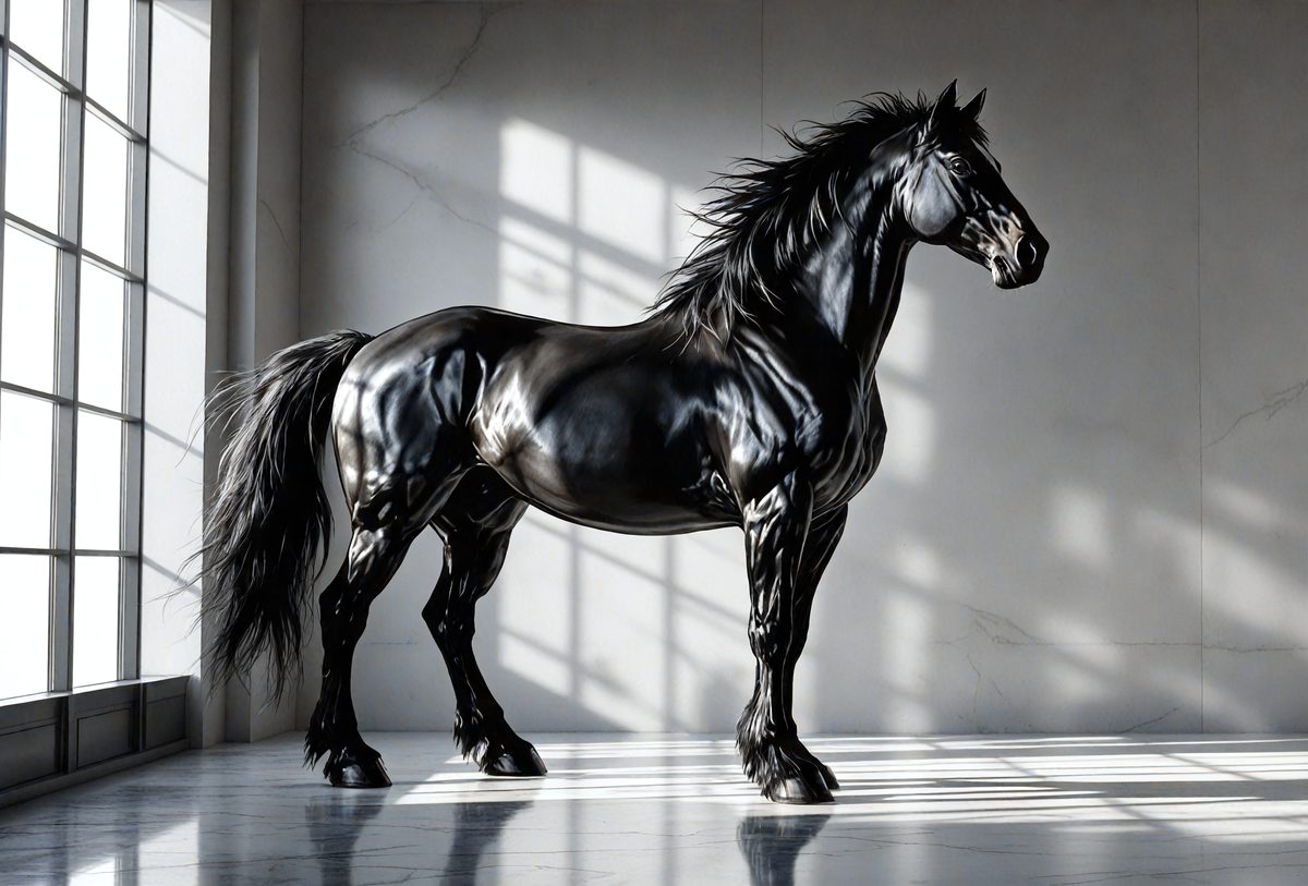 Primary subject: A black horse statue.

Setting/background: The horse statue is standing in a room with a marble floor.

Visual style: The image is a digital artwork.

Colors and mood: The horse statue is black, and the overall atmosphere is dark and dramatic.