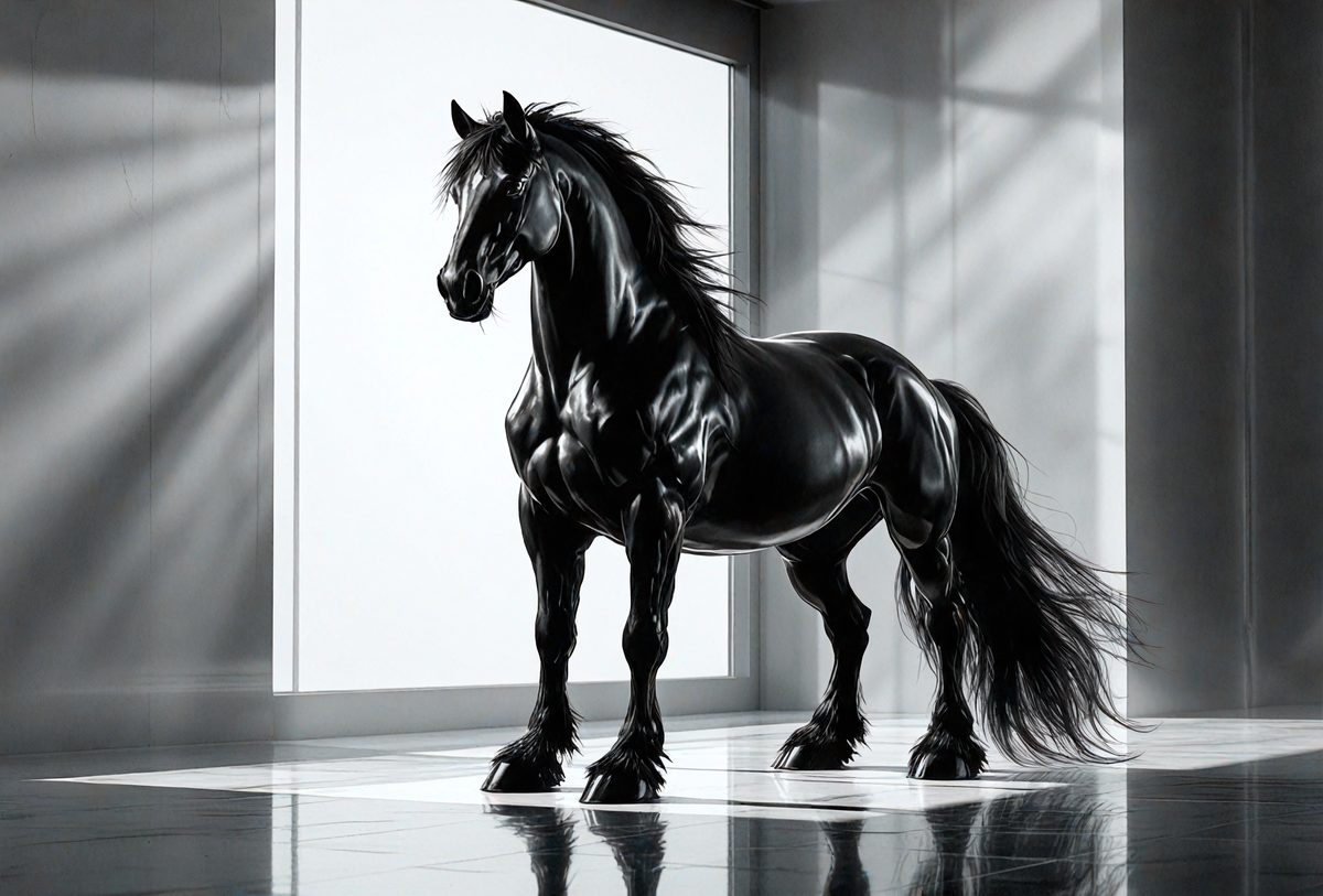 The primary subject of the image is a black horse standing in a room. The setting is a room with a window, and the visual style appears to be a digital art or illustration. The horse is the main focus of the image, and its black color and the room's environment create a moody atmosphere.