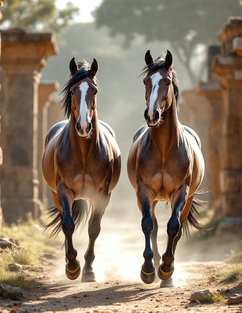 Primary subject: Two brown horses running side by side.

Setting/background: A dirt road with a stone wall in the background.

Visual style: A photo of the two horses running.

Colors and mood: The horses are brown, and the overall atmosphere is energetic and dynamic.