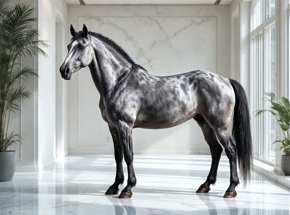 Primary subject: A gray and white horse standing in a room.

Setting/background: The horse is standing in a room with a white marble wall.

Visual style: The image is a photo of the horse.

Colors and mood: The horse has a gray and white color pattern, and the overall atmosphere is calm and serene.