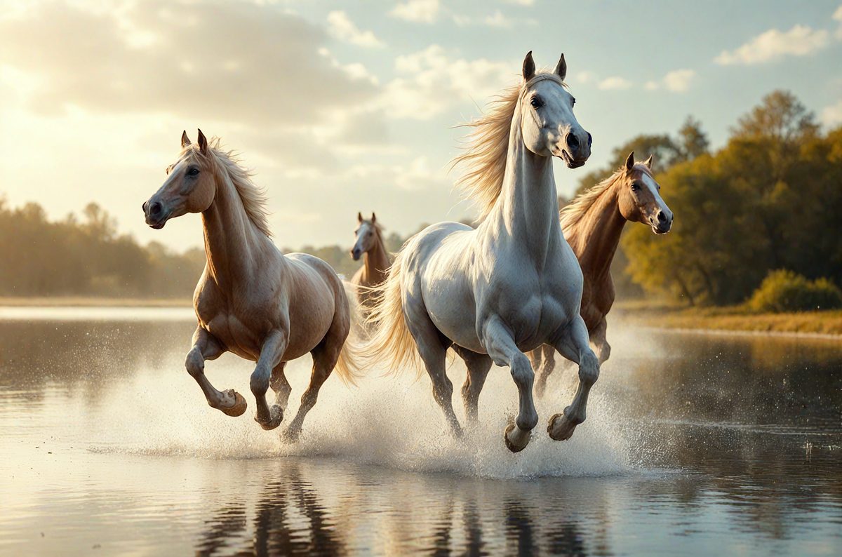 Primary subject: Horses
Setting/background: A body of water
Visual style: Photo
Colors and mood: The image is in color, and the horses appear to be running through the water, creating a dynamic and energetic atmosphere.