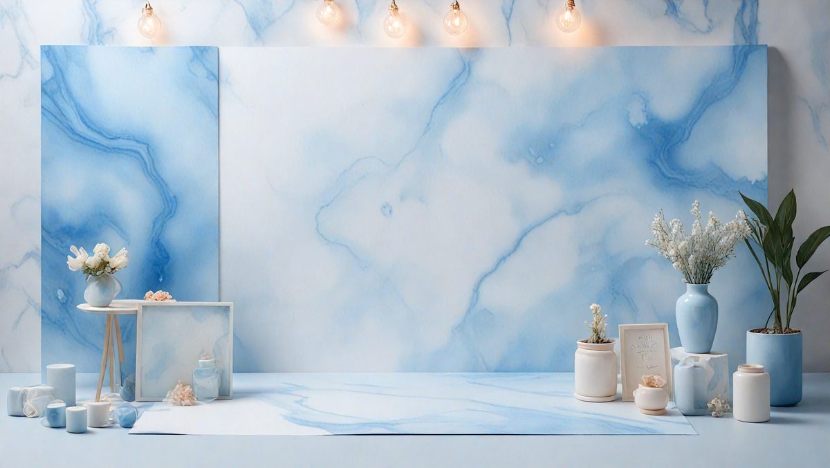 The primary subject of the image is a white marble countertop with a blue marble backsplash. The setting is a kitchen or bathroom area, featuring a sink and a mirror. The visual style is a photo, capturing the natural beauty of the marble countertop and backsplash. The colors and mood of the image are predominantly white and blue, creating a clean and calming atmosphere.