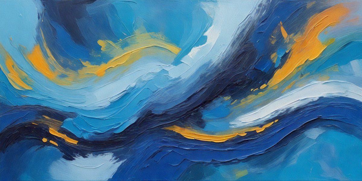 The primary subject of the image is a painting of a blue ocean with yellow and orange swirls. The setting is a blue background, and the visual style appears to be a digital art or illustration. The dominant colors in the painting are blue, yellow, and orange, creating a vibrant and lively atmosphere.