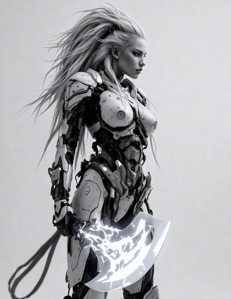 The primary subject of the image is a woman with long hair, dressed in a futuristic outfit. She is holding a sword, which is the main object in the scene. The setting is a white wall, and the visual style is digital art. The colors in the image are predominantly white, giving it a clean and modern appearance. The overall mood of the image is one of strength and power, as the woman is portrayed as a warrior or a character from a science fiction story.