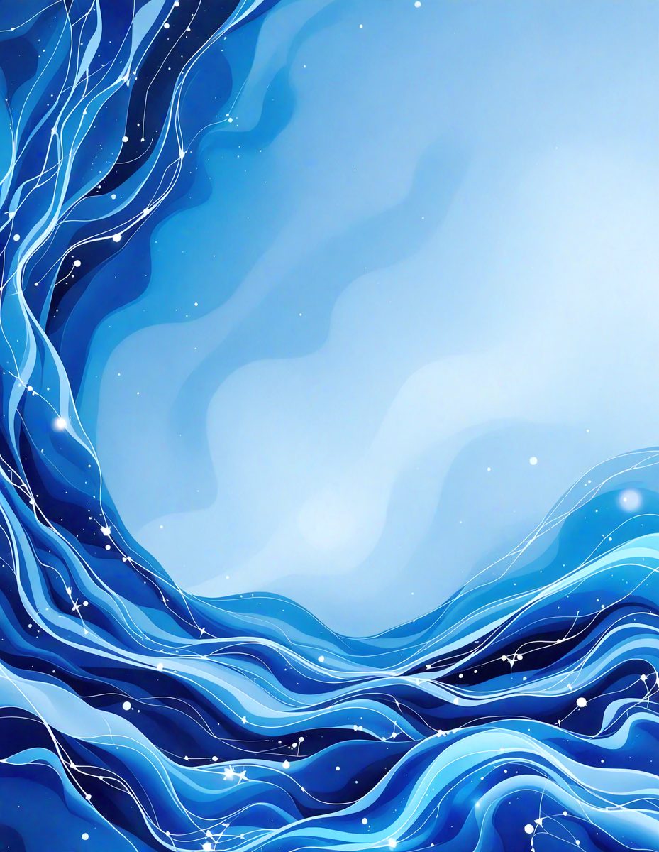 The primary subject of the image is a blue ocean with a white and blue sky in the background. The visual style is digital art, and the colors and mood are serene and calming.