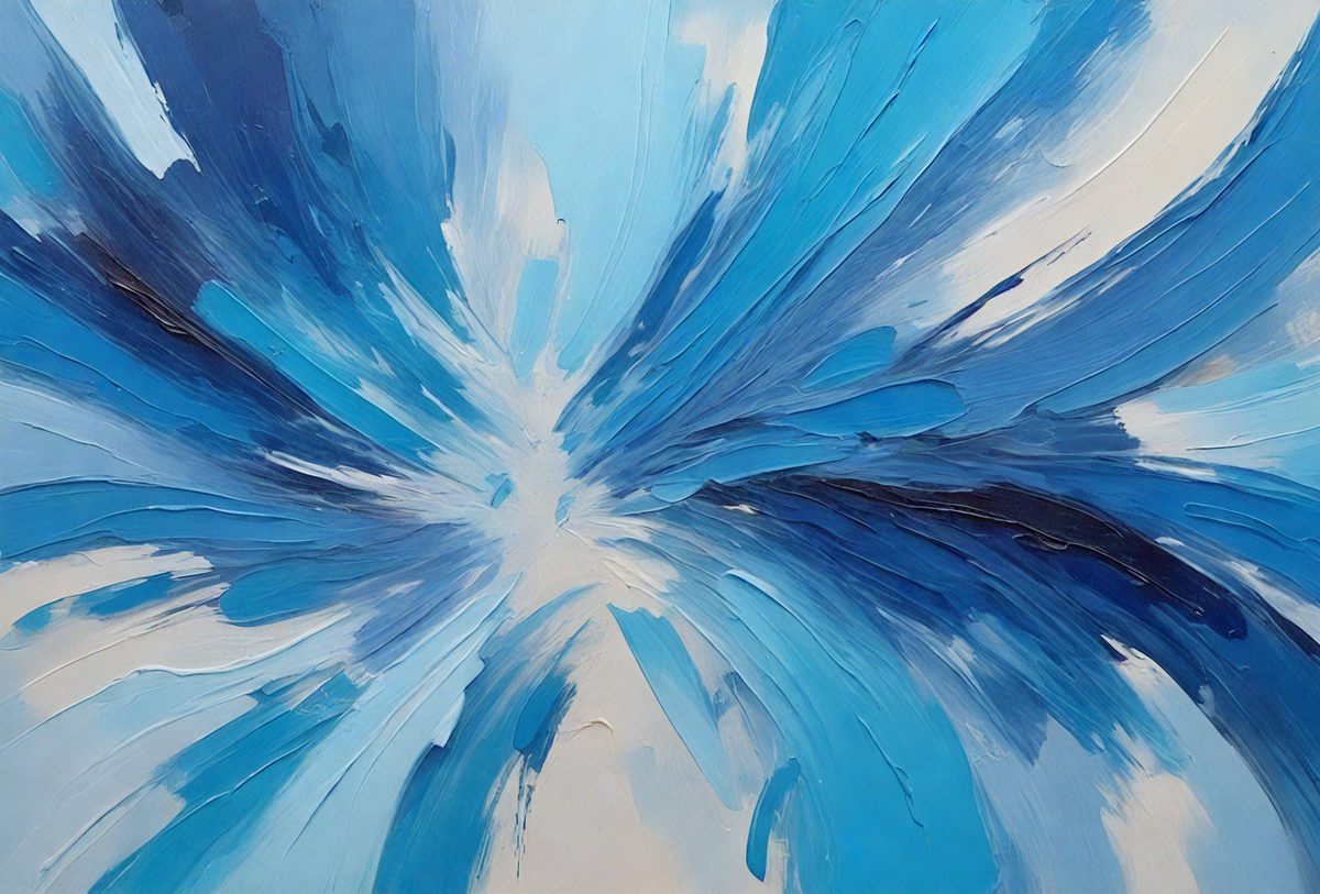 The primary subject of the image is a painting of a blue and white color scheme. The setting is a white background, and the visual style appears to be a digital art or illustration. The dominant colors are blue and white, creating a calm and serene atmosphere.
