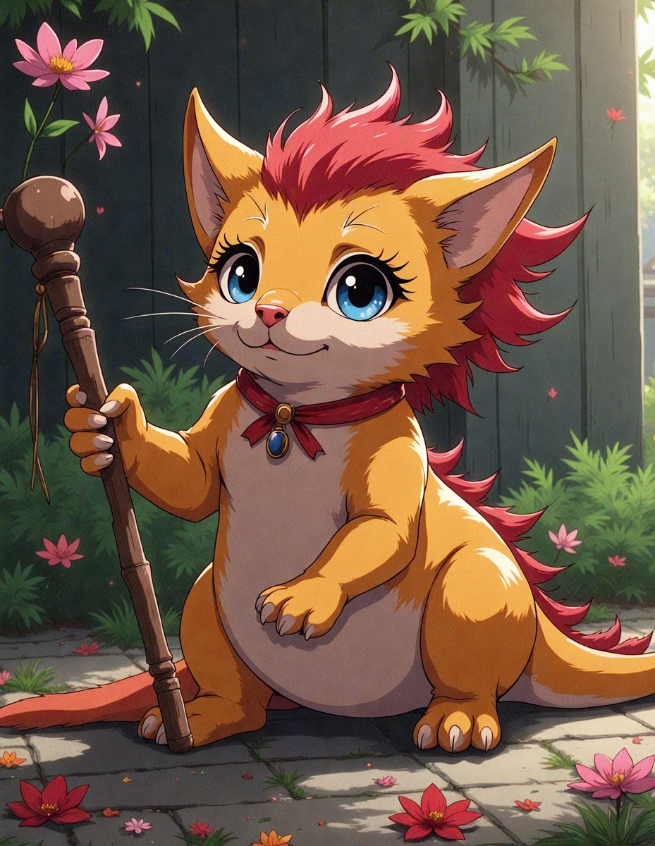 The primary subject of the image is a small, cute, and fluffy cat with a red tail. The cat is sitting on the ground, holding a stick in its paws. The setting is an outdoor environment with a wooden fence in the background. The visual style is a combination of digital art and illustration, creating a whimsical and adorable scene. The colors are predominantly warm and vibrant, with the cat's fur being a prominent feature. The overall atmosphere is cheerful and play