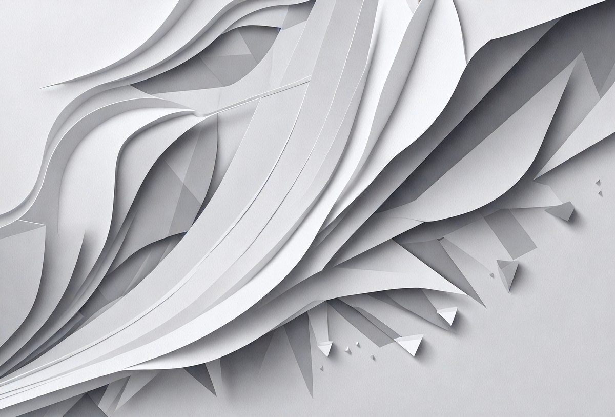 The primary subject of the image is a large, intricate, and abstract design made of white paper. The design appears to be a combination of a wave and a triangle, with a few dots scattered throughout the paper. The setting is a white background, which provides a clean and minimalist appearance to the artwork. The visual style is a unique and creative representation of a wave and a triangle, showcasing the artist's skill and imagination. The colors and mood of the image are predominantly white, giving it a