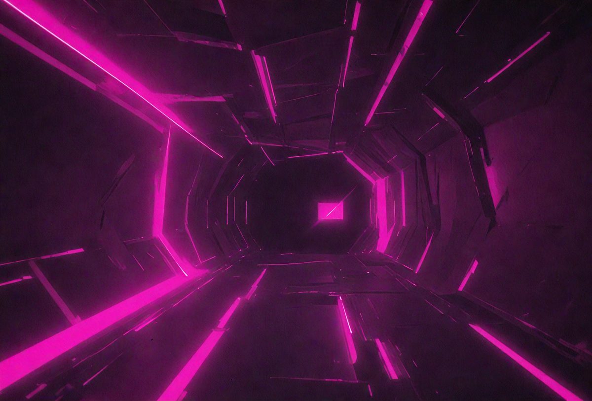 The primary subject of the image is a pink tunnel with a black background. The tunnel appears to be a part of a futuristic setting, possibly a space station or a futuristic city. The visual style of the image is digital art, as it is a computer-generated image. The dominant colors in the image are pink and black, creating a unique and visually striking atmosphere.
