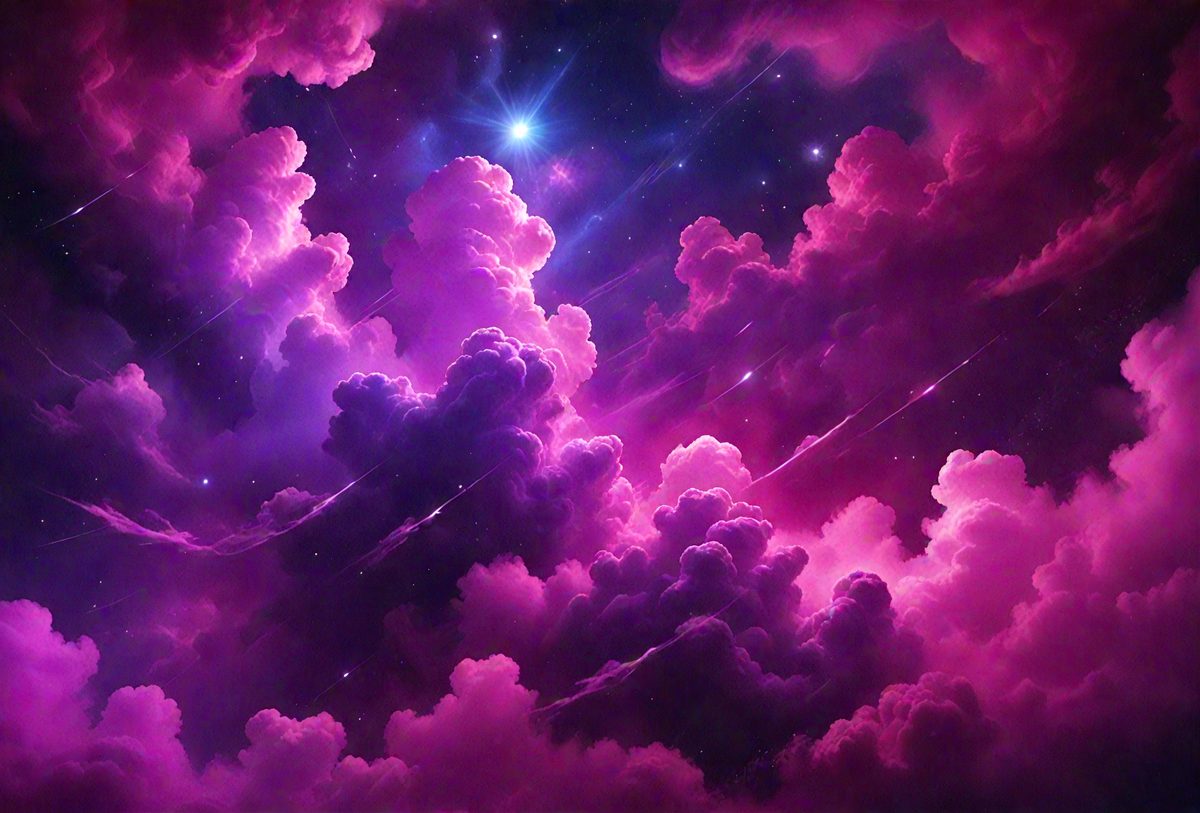 The primary subject of the image is a purple cloudy sky with a star in the middle. The setting is a purple and pink cloudy sky, and the visual style is a digital art or illustration. The colors and mood of the image are predominantly purple and pink, creating a dreamy and whimsical atmosphere.