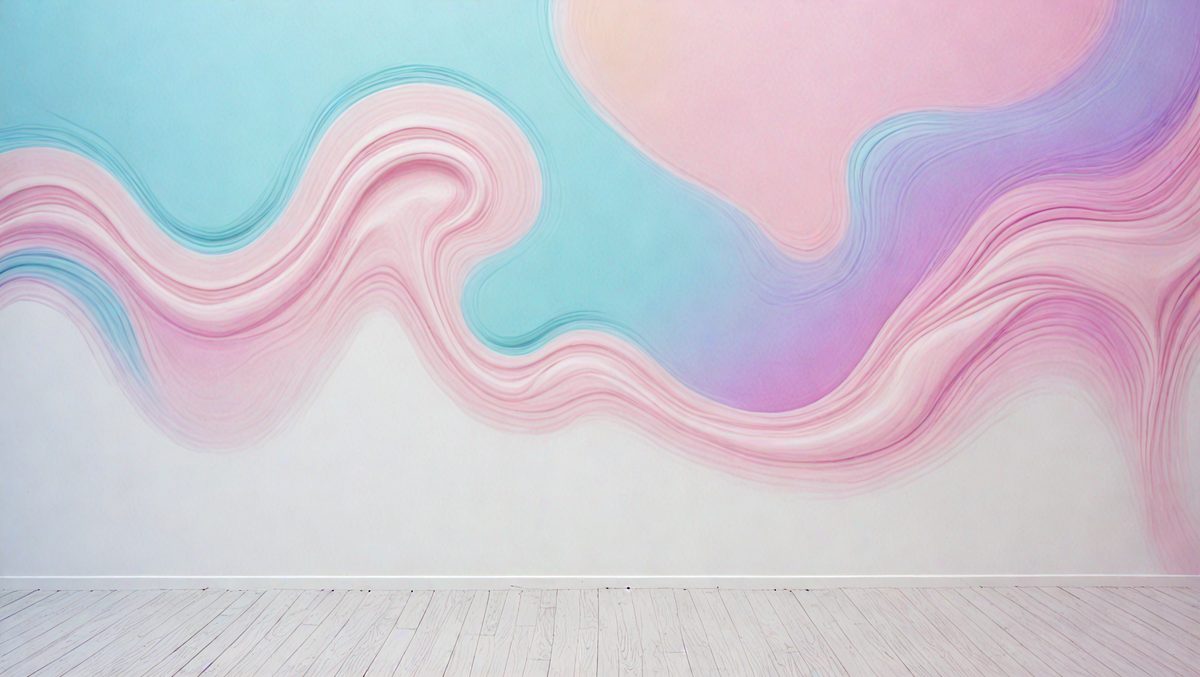 The primary subject of the image is a large, colorful painting on a wall. The painting features a wave-like design with various colors, including pink, purple, and blue. The setting is a room with a wooden floor, and the visual style appears to be a combination of art and digital design. The overall atmosphere of the painting is vibrant and lively, with a focus on the dynamic wave pattern.