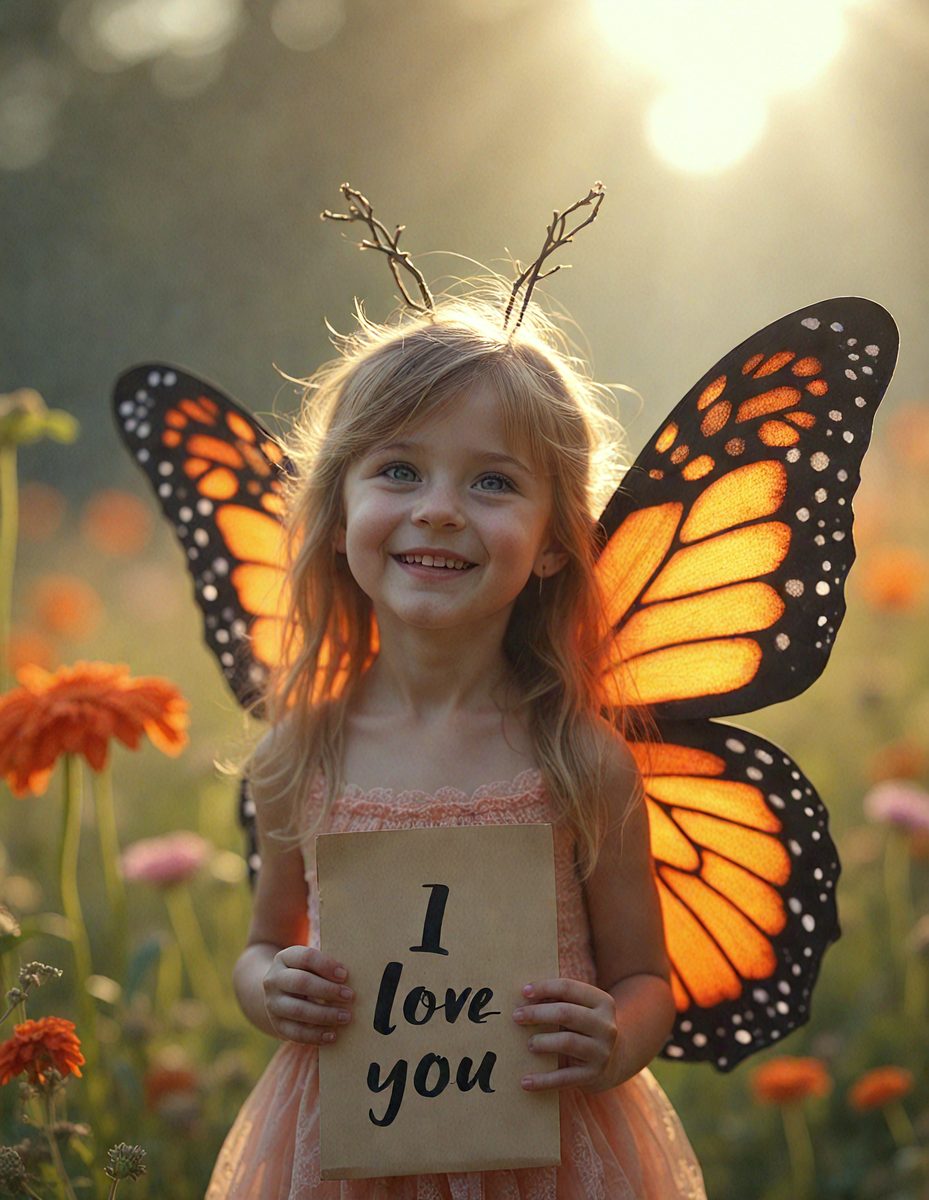 The primary subject of the image is a young girl dressed as a butterfly, standing in a field of flowers. The setting is a beautiful, natural environment with a sunny atmosphere. The visual style is a combination of a photo and digital art, creating a unique and eye-catching image. The colors and mood are vibrant and cheerful, with the butterfly's wings and the flowers adding a sense of warmth and happiness to the scene.