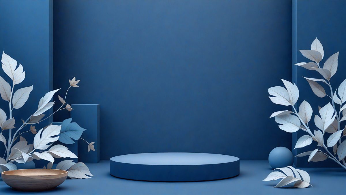 The primary subject of the image is a blue table with a white circle on it. The table is placed in a room with a blue wall. The visual style of the image is a combination of photo and digital art, creating a unique and artistic representation of the scene. The colors and mood of the image are predominantly blue, giving it a calm and serene atmosphere.