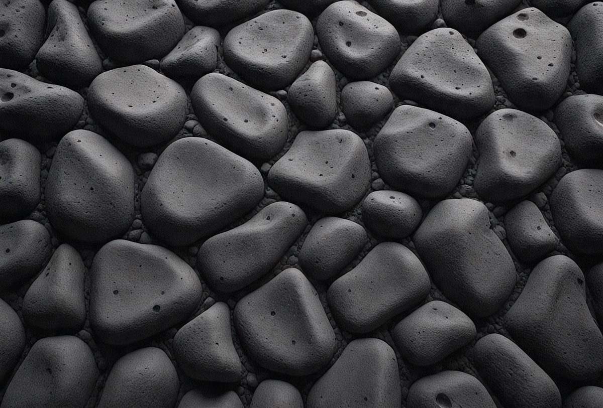The primary subject of the image is a large rock wall, which is the main object, scene, or focus of the image. The setting/background features a black rock wall, which is the environment, backdrop, or surface visible in the image. The visual style of the image is a photo, as it is a real-life scene captured with a camera. The colors and mood of the image are dark and moody, as the rocks are predominantly black, and the overall atmosphere is dramatic and intense.