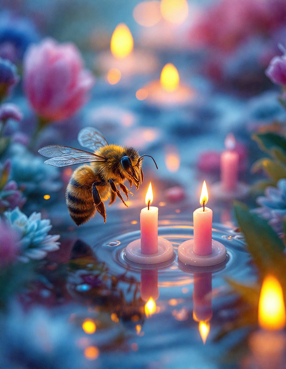 The primary subject of the image is a bee hovering over a candle in a pool of water. The setting is a garden, with flowers surrounding the pool. The visual style is a digital art, creating a surreal and whimsical atmosphere. The colors are predominantly pink and yellow, giving the scene a warm and inviting mood.
