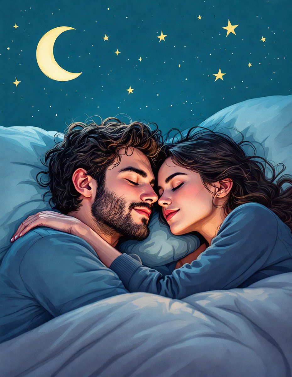 The primary subject of the image is a man and a woman lying in bed together. They are both smiling and appear to be enjoying their time together. The setting is a bedroom, with a bed visible in the background. The visual style is an illustration, which adds a sense of warmth and intimacy to the scene. The colors are predominantly warm and soft, creating a cozy and inviting atmosphere.