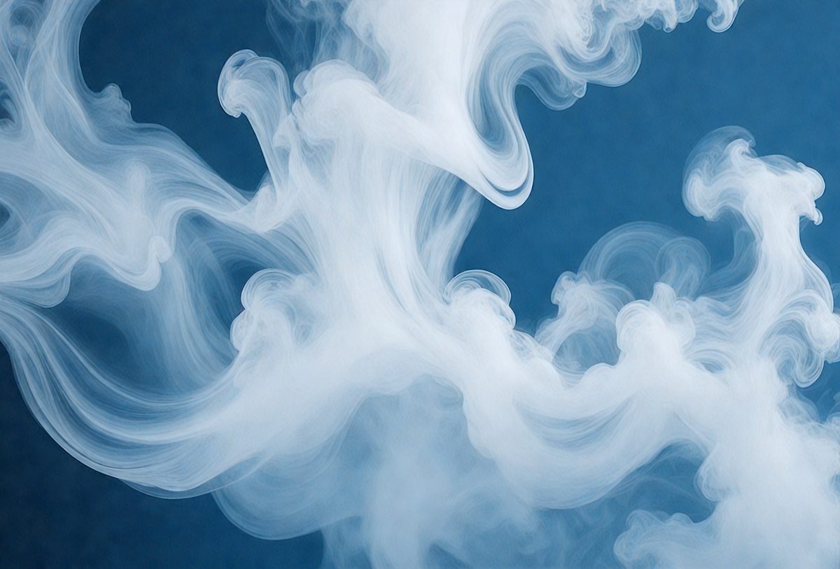 The primary subject of the image is a cloud of smoke, which is the main object, scene, or focus of the image. The setting is a blue background, which provides a contrasting color to the smoke. The visual style is a photo, capturing the smoke as it billows and swirls in the air. The colors and mood of the image are predominantly dark and moody, with the smoke creating a dramatic and atmospheric scene.