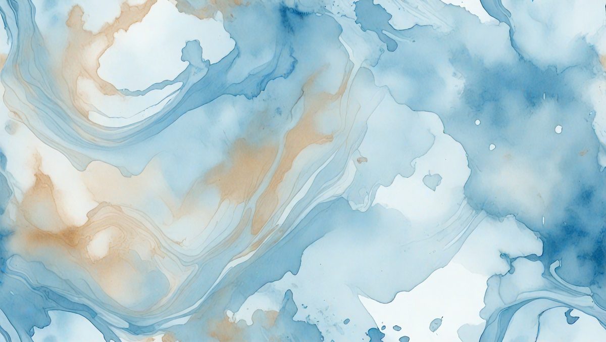 The primary subject of the image is a blue and white painting of a waterfall. The setting is a white background, and the visual style appears to be a digital art or illustration. The dominant colors are blue and white, creating a serene and calming atmosphere.