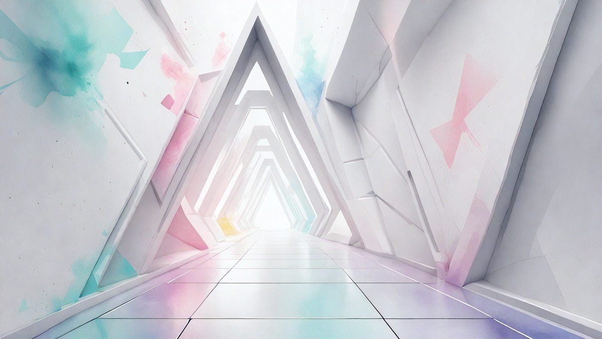 The primary subject of the image is a white tunnel with a blue and pink stripe. The tunnel is surrounded by a white and pink wall, creating a visually striking scene. The setting appears to be a futuristic environment, possibly a space station or an underground tunnel. The visual style of the image is a combination of digital art and illustration, giving it a unique and artistic appearance. The dominant colors in the image are white, pink, and blue, creating a sense of depth and contrast.