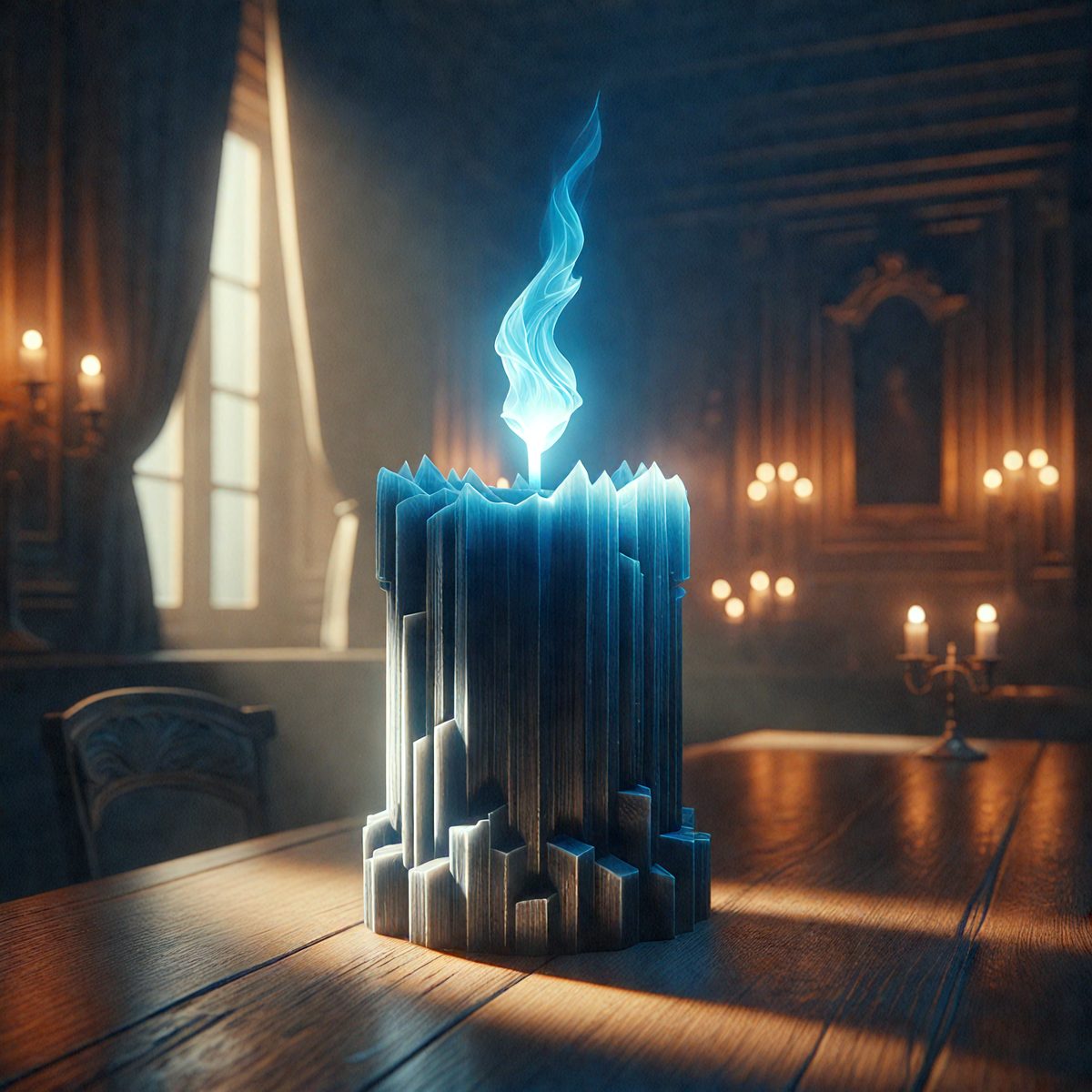 The primary subject of the image is a tall, thin, and colorful candle holder with a lit candle inside. The candle holder is placed on a wooden table, which serves as the setting for the scene. The visual style of the image is a digital art, creating a unique and artistic representation of the candle holder. The dominant colors in the image are blue and white, giving the scene a calm and serene atmosphere.