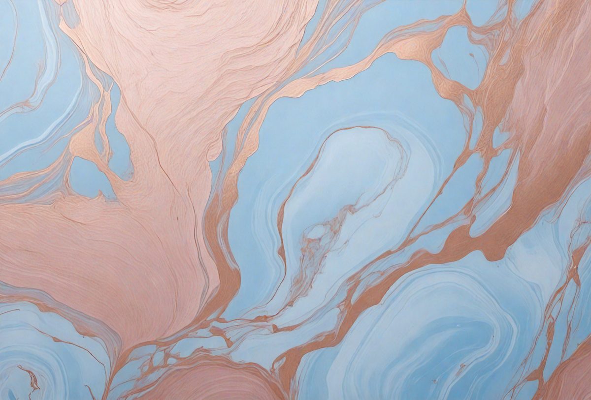 The primary subject of the image is a painting of a blue and pink swirl, with a gold background. The setting is a wall, and the visual style is a painting. The dominant colors are blue, pink, and gold, creating a vibrant and lively atmosphere.