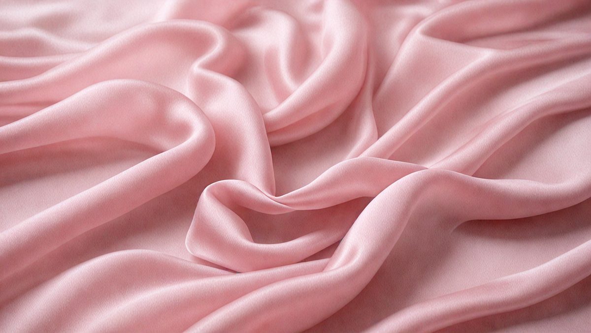 The primary subject of the image is a close-up of a pink fabric, possibly a piece of silk or satin. The setting is a pink background, which complements the pink fabric. The visual style is a close-up, focusing on the details of the fabric. The colors and mood of the image are predominantly pink, creating a warm and inviting atmosphere.