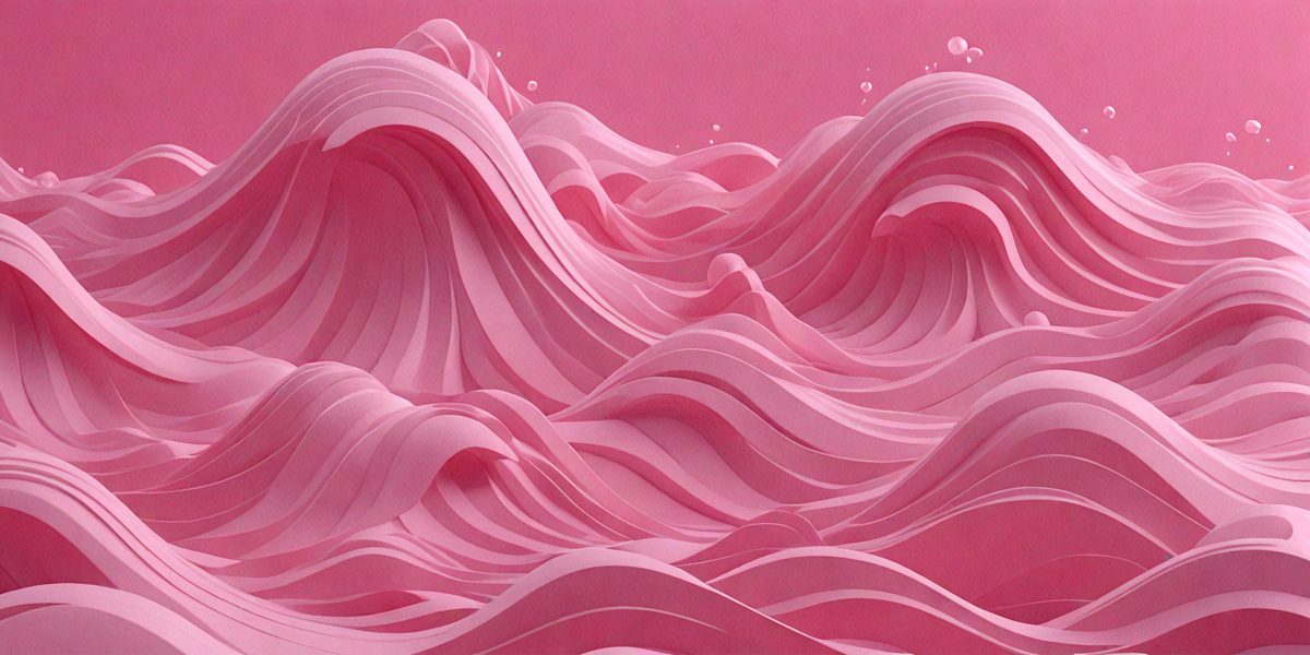The primary subject of the image is a large, pink wave with a white and pink color scheme. The wave is depicted in a painting or drawing style, giving it a unique and artistic appearance. The setting is a pink background, which complements the wave's color and adds to the overall visual style. The colors and mood of the image are predominantly pink and white, creating a serene and calming atmosphere.