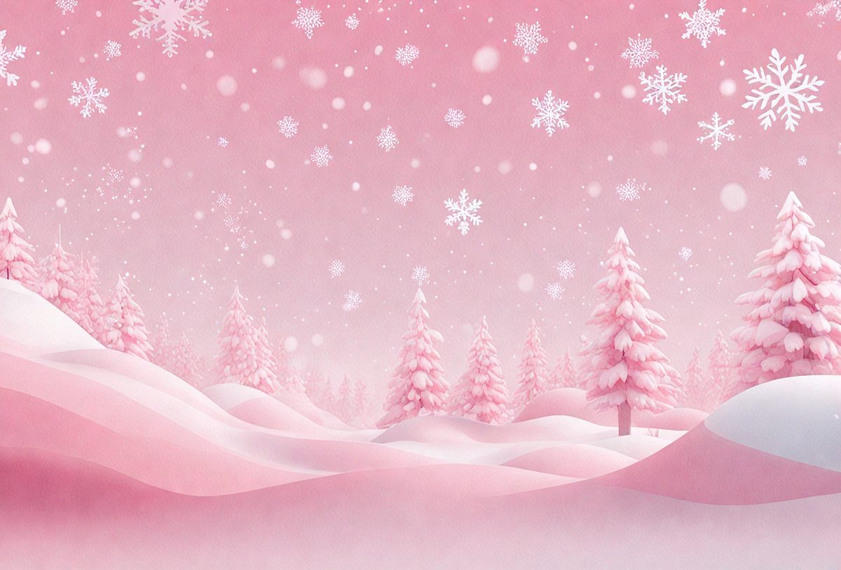 The primary subject of the image is a snowy landscape with pink trees and a sky filled with snowflakes. The setting is a winter scene with a pinkish hue, creating a serene and peaceful atmosphere. The visual style is a digital art or illustration, showcasing the artist's creativity and attention to detail. The colors and mood of the image are predominantly pink, which adds a touch of warmth and beauty to the otherwise cold and snowy environment.