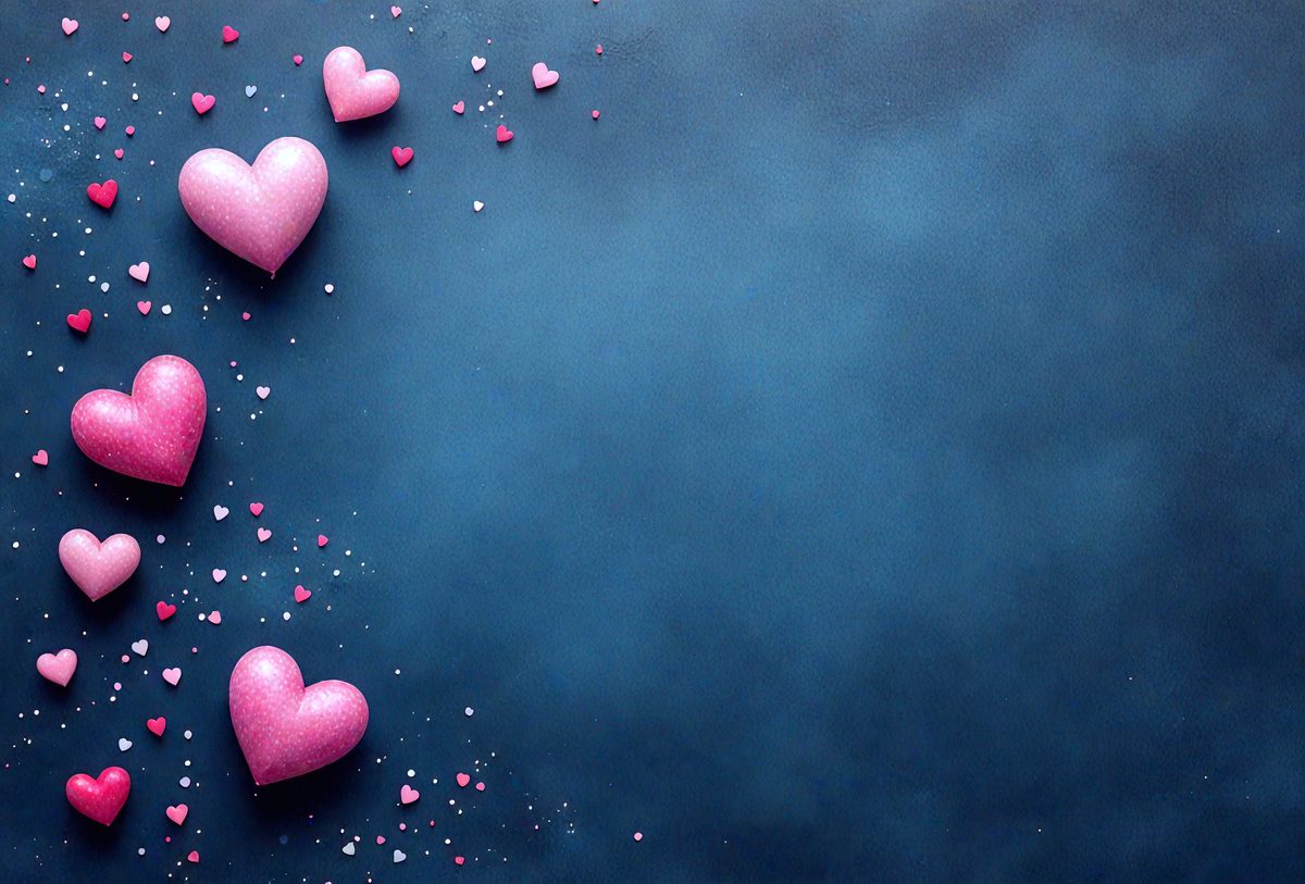 The primary subject of the image is a collection of pink hearts floating in the air. The hearts are scattered throughout the scene, with some closer to the foreground and others further in the background. The setting appears to be a dark blue background, which contrasts with the pink hearts, creating a visually striking scene. The visual style of the image is a combination of photo and digital art, as the hearts are floating in a digital manner. The overall atmosphere of the image is one of love and affection, as the hearts symbolize love