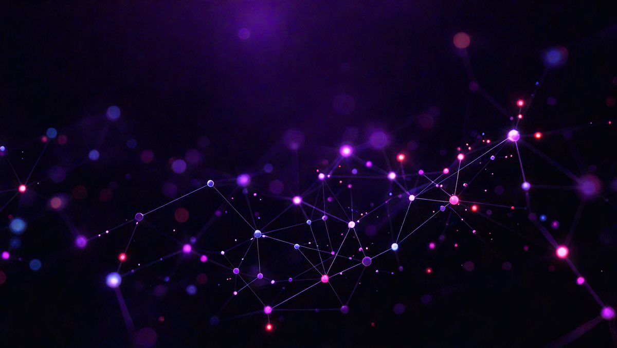 The primary subject of the image is a purple background with a dense network of purple and red lines. The setting appears to be a dark, starry night, with the lines creating a sense of depth and intricacy. The visual style is a combination of digital art and illustration, with the lines resembling a network of interconnected dots. The colors and mood of the image are predominantly purple and red, creating a sense of mystery and wonder.