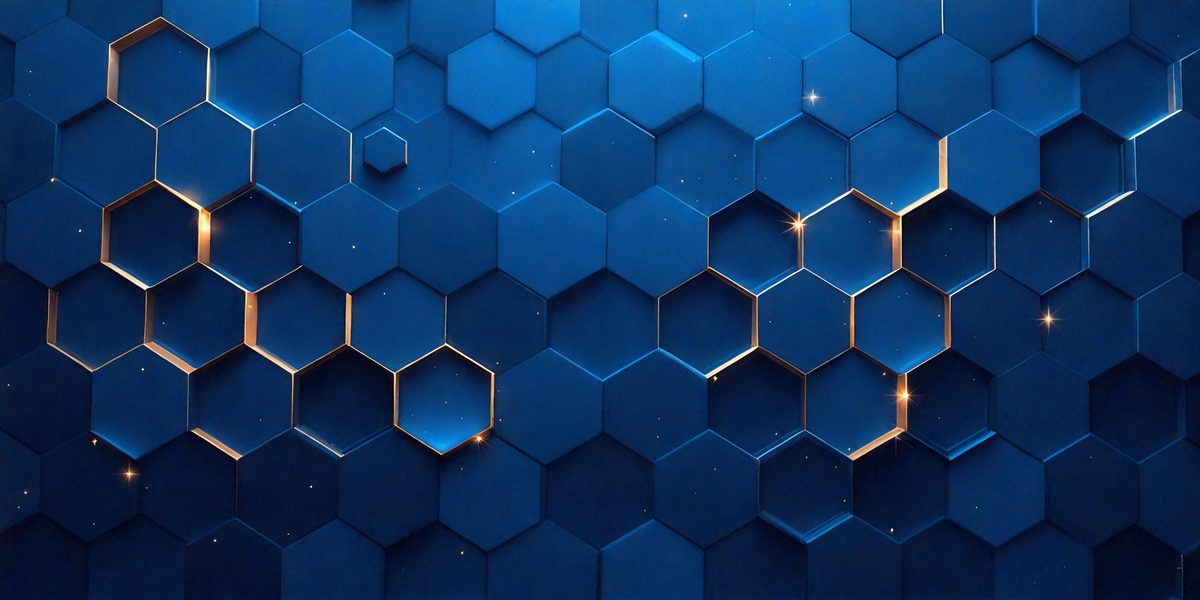 The primary subject of the image is a blue hexagonal pattern, which is the main object, scene, or focus of the image. The setting or background is a blue wall, and the visual style is a digital art or illustration. The dominant colors are blue and gold, creating a calm and soothing atmosphere.