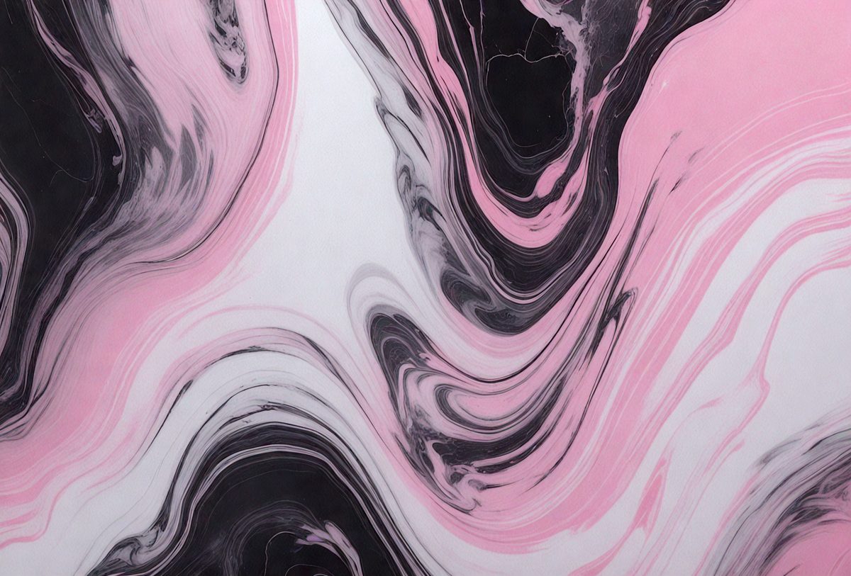 The primary subject of the image is a swirling pattern of pink and black colors. The setting is a white background, which provides a clean and minimalist appearance. The visual style is a combination of digital art and illustration, creating a unique and eye-catching design. The dominant colors are pink and black, which evoke a sense of energy and movement.