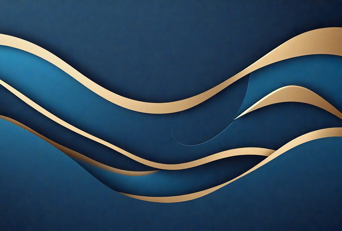 The primary subject of the image is a blue background with a gold wave pattern. The setting is a dark blue background, which contrasts with the gold wave pattern. The visual style is a combination of digital art and illustration, creating a unique and eye-catching design. The colors and mood of the image are predominantly dark and moody, with the gold wave pattern adding a touch of warmth and contrast.