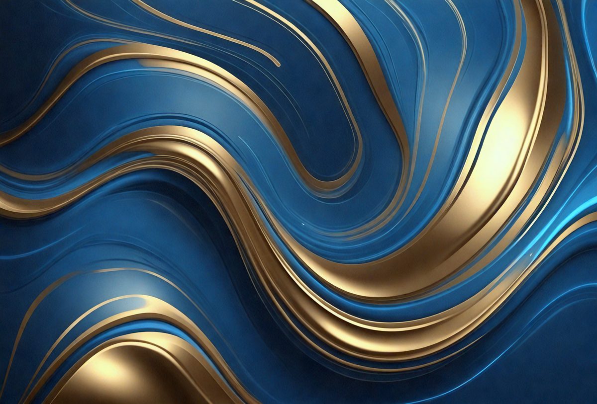 The primary subject of the image is a blue and gold patterned surface, which appears to be a wallpaper or a textured wall. The setting is a room with a blue and gold color scheme. The visual style is a combination of digital art and illustration, creating a unique and eye-catching design. The dominant colors are blue and gold, giving the space a luxurious and elegant atmosphere.