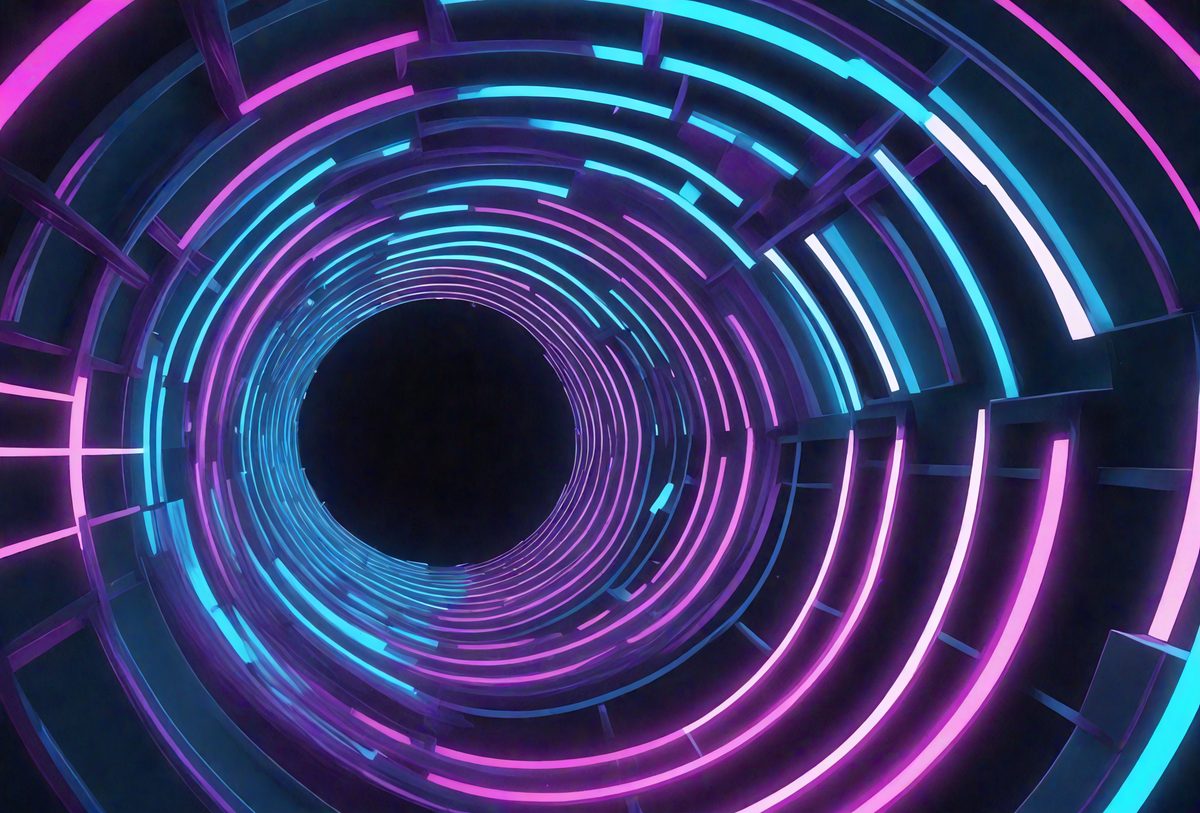 The primary subject of the image is a spiral staircase with a brightly lit, colorful design. The staircase is illuminated by neon lights, creating a vibrant and visually striking scene. The setting is a dark room, which contrasts with the brightly lit spiral staircase. The visual style of the image is a combination of digital art and illustration, with the neon lights adding a unique and artistic touch to the scene. The colors and mood of the image are pre